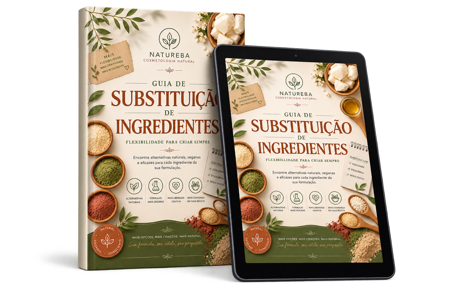 Guia de substituição de ingredientes em livro e tablet