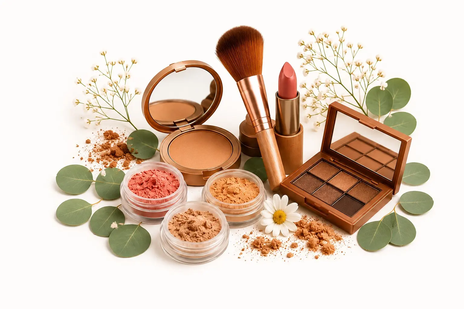 Maquiagens naturais com pigmentos minerais, folhas e flores botânicas